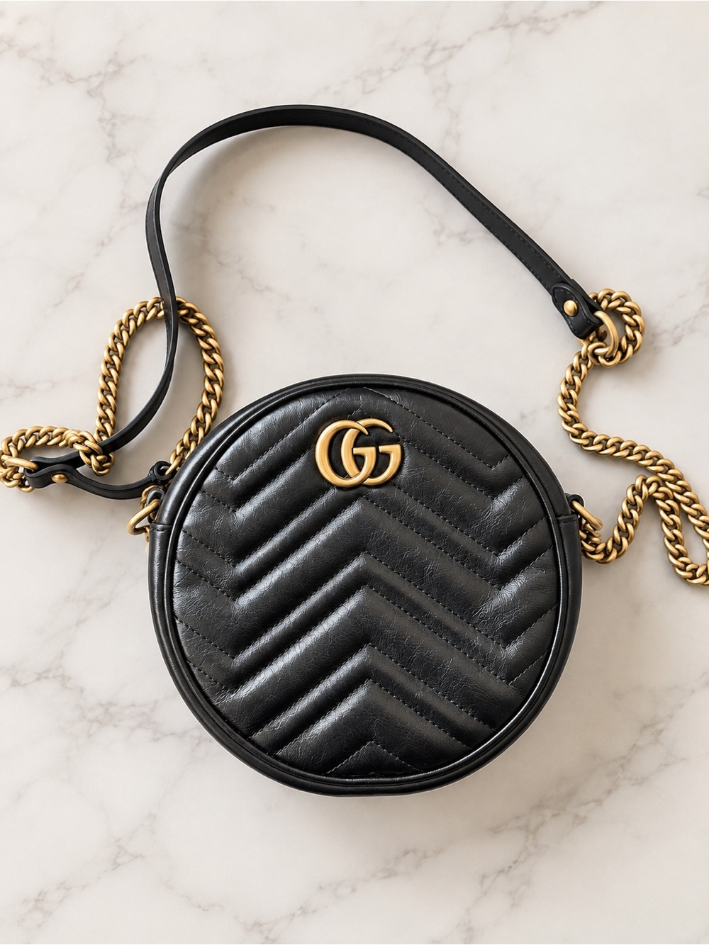 Gucci Black Quilted Round Crossbody with Gold Double G
